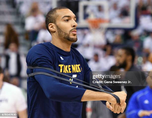 Rudy Gobert of the Utah Jazz stretches before their game against the Los Angeles Clippers in Game Four of the Western Conference Quarterfinals during...