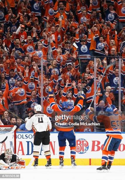 Milan Lucic of the Edmonton Oilers celebrates a goal against the Anaheim Ducks in Game Four of the Western Conference Second Round during the 2017...