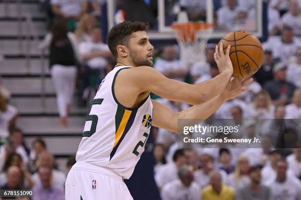 Raul Neto of the Utah Jazz passes the ball in the first half against the Los Angeles Clippers in Game Four of the Western Conference Quarterfinals...