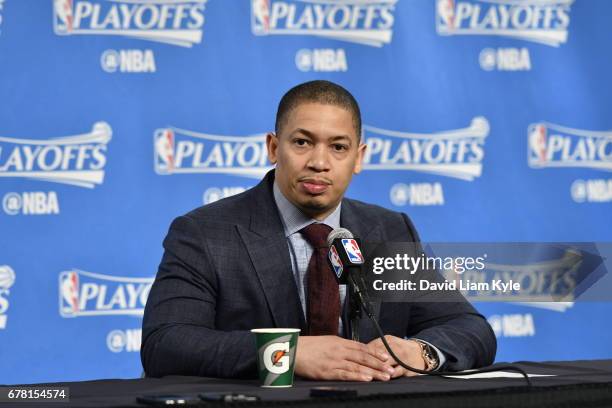 Head Coach Tyronn Lue of the Cleveland Cavaliers is interviewed after the game against the Toronto Raptors in Game Two of the Eastern Conference...