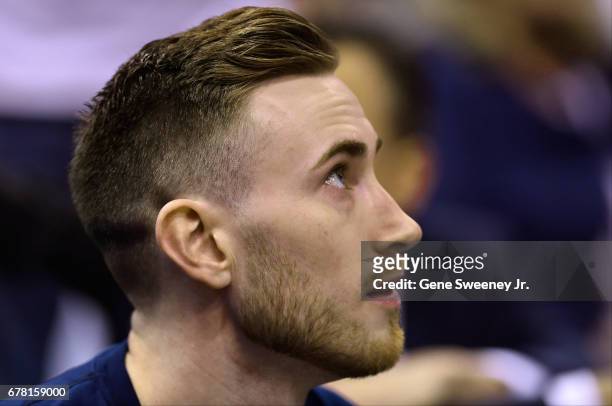 Gordon Hayward of the Utah Jazz looks on from the bench before their game against the Los Angeles Clippers in Game Six of the Western Conference...