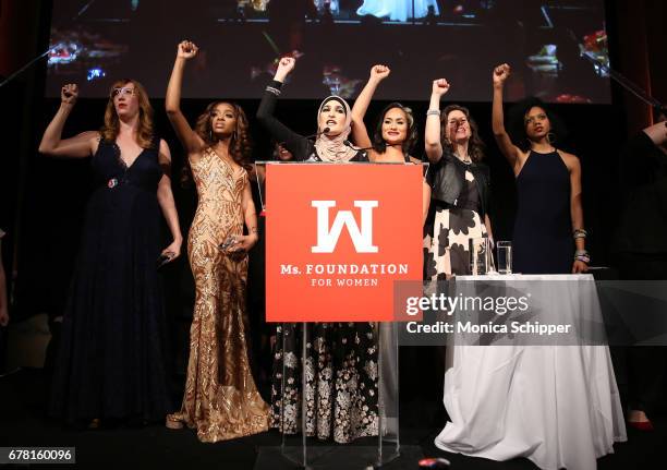 Bob Bland, Tamika D Mallory, Linda Sarsour, Carmen Perez, Cassidy Findley speak onstage at the Ms. Foundation for Women 2017 Gloria Awards Gala &...