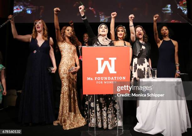 Bob Bland, Tamika D Mallory, Linda Sarsour, Carmen Perez, Cassidy Findley speak onstage at the Ms. Foundation for Women 2017 Gloria Awards Gala &...