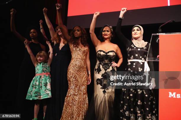 Bob Bland, Tamika D Mallory, Carmen Perez, Linda Sarsour speak onstage at the Ms. Foundation for Women 2017 Gloria Awards Gala & After Party at...