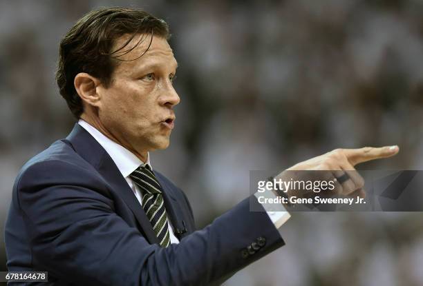 Head coach Quin Snyder of the Utah Jazz points to his team against the Los Angeles Clippers in Game Six of the Western Conference Quarterfinals...