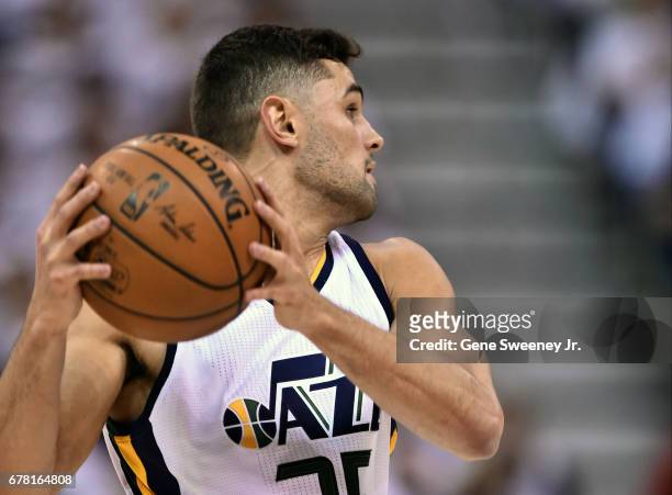 Raul Neto of the Utah Jazz controls the ball in the first half against the Los Angeles Clippers in Game Six of the Western Conference Quarterfinals...