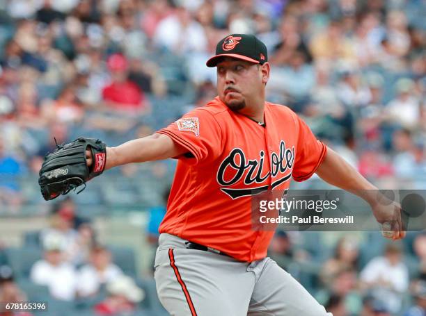 Vidal Nuno of the Baltimore Orioles pitches during an MLB baseball game against the New York Yankees on April 29, 2017 at Yankee Stadium in the Bronx...