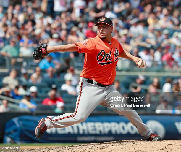 Vidal Nuno of the Baltimore Orioles pitches during an MLB baseball game against the New York Yankees on April 29, 2017 at Yankee Stadium in the Bronx...