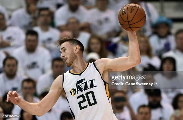 Gordon Hayward of the Utah Jazz controls the ball in the second half against the Los Angeles Clippers in Game Six of the Western Conference...