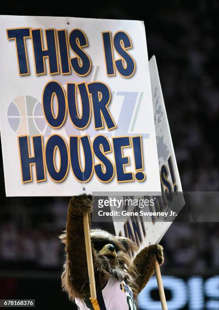 Jazz Bear, the Utah Jazz mascot, performs during the Jazz game against the Los Angeles Clippers in Game Six of the Western Conference Quarterfinals...