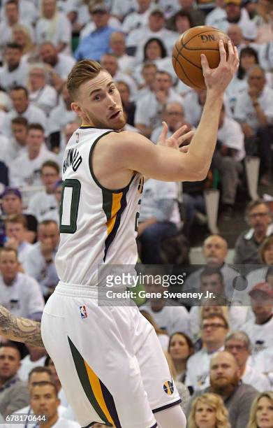 Gordon Hayward of the Utah Jazz controls the ball in the first half against the Los Angeles Clippers in Game Six of the Western Conference...