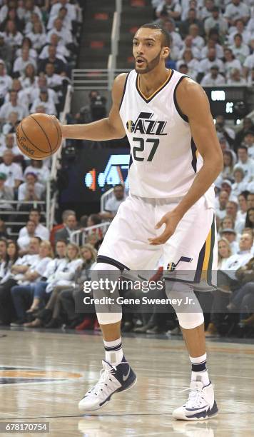 Rudy Gobert of the Utah Jazz controls the ball in the first half against the Los Angeles Clippers in Game Six of the Western Conference Quarterfinals...