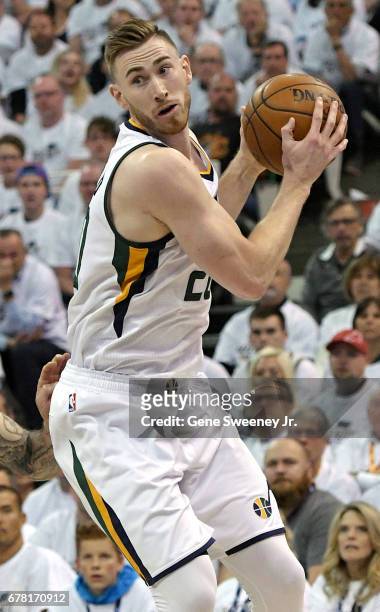 Gordon Hayward of the Utah Jazz controls the ball in the first half against the Los Angeles Clippers in Game Six of the Western Conference...