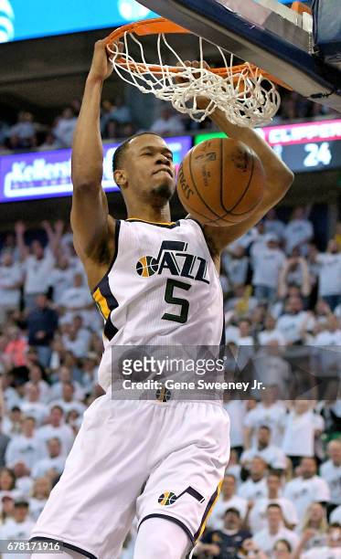 Rodney Hood of the Utah Jazz scores in the first half against the Los Angeles Clippers in Game Six of the Western Conference Quarterfinals during the...