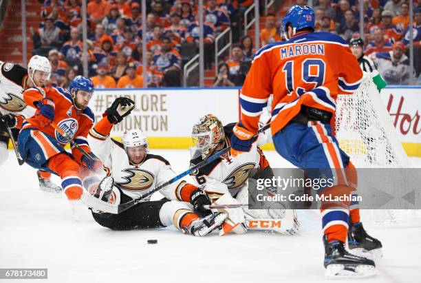 Patrick Maroon of the Edmonton Oilers can't get the puck past goalie John Gibson of the Anaheim Ducks in Game Four of the Western Conference Second...