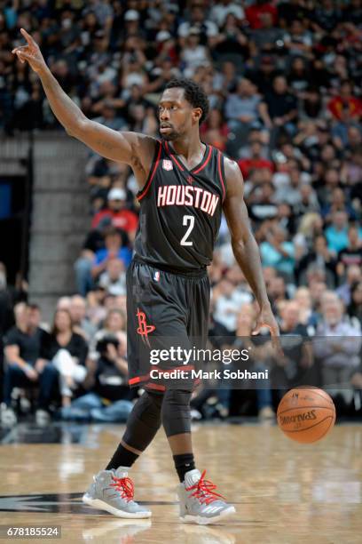 Patrick Beverley of the Houston Rockets handles the ball against the San Antonio Spurs during Game Two of the Eastern Conference Semifinals of the...