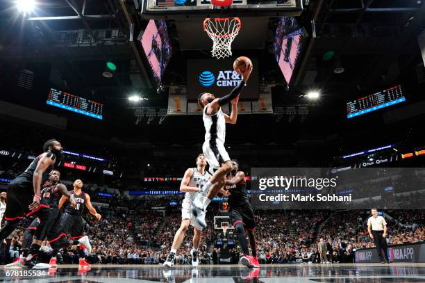 Patty Mills of the San Antonio Spurs goes to the basket against the Houston Rockets during Game Two of the Eastern Conference Semifinals of the 2017...