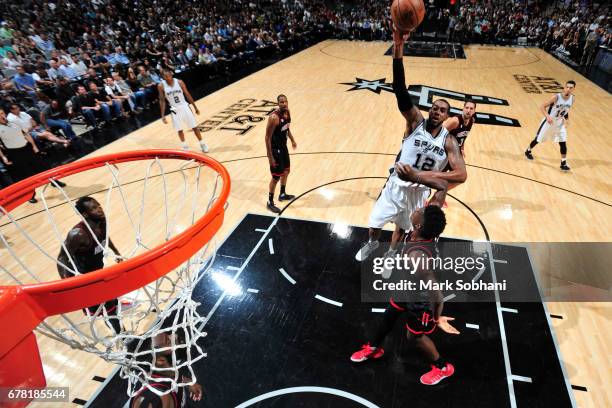 LaMarcus Aldridge of the San Antonio Spurs shoots the ball against the Houston Rockets during Game Two of the Eastern Conference Semifinals of the...