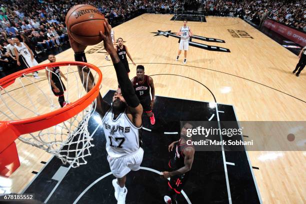 Jonathon Simmons of the San Antonio Spurs goes to the basket against the Houston Rockets during Game Two of the Eastern Conference Semifinals of the...