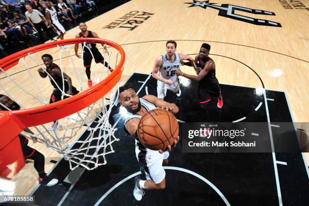 Patty Mills of the San Antonio Spurs goes to the basket against the Houston Rockets during Game Two of the Eastern Conference Semifinals of the 2017...