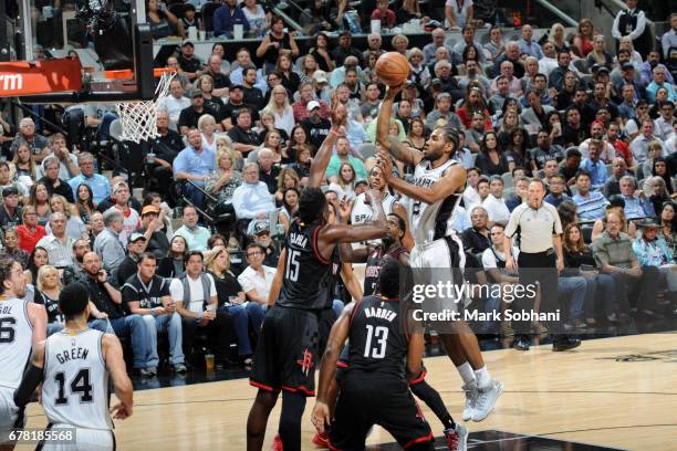 Kawhi Leonard of the San Antonio Spurs shoots the ball against the Houston Rockets during Game Two of the Eastern Conference Semifinals of the 2017...