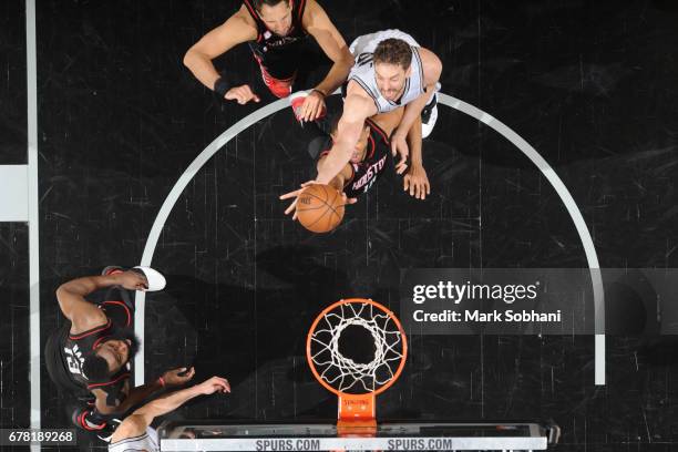 Pau Gasol of the San Antonio Spurs goes to the basket against the Houston Rockets during Game Two of the Eastern Conference Semifinals of the 2017...