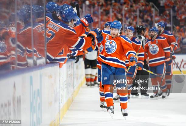 Drake Caggiula of the Edmonton Oilers celebrates his game-tying goal against the Anaheim Ducks in Game Four of the Western Conference Second Round...