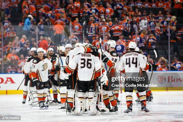 The Anaheim Ducks celebrate their victory against the Edmonton Oilers in Game Four of the Western Conference Second Round during the 2017 NHL Stanley...