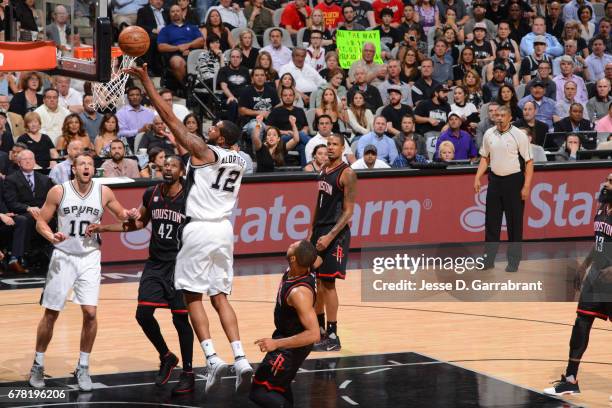 LaMarcus Aldridge of the San Antonio Spurs shoots the ball against the Houston Rockets during Game Two of the Western Conference Semifinals of the...