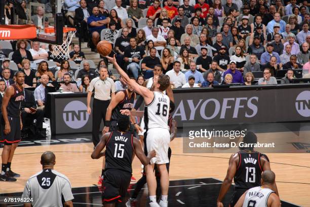 Pau Gasol of the San Antonio Spurs shoots the ball against the Houston Rockets during Game Two of the Western Conference Semifinals of the 2017 NBA...