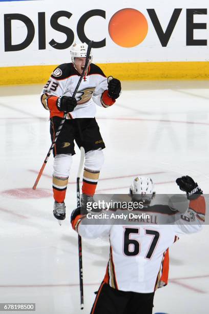 Jakob Silfverberg and Rickard Rakell of the Anaheim Ducks celebrate after winning Game Four of the Western Conference Second Round during the 2017...
