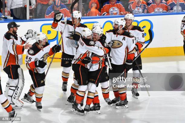 The Anaheim Ducks celebrate after winning Game Four of the Western Conference Second Round during the 2017 NHL Stanley Cup Playoffs against the...