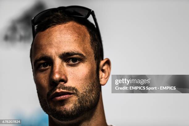 South Africa's Oscar Pistorius during a press conference in the Main press Centre, Olympic Park, London