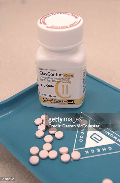 The prescription medicine OxyContin is displayed August 21, 2001 at a Walgreens drugstore in Brookline, MA. The powerful painkiller, manufactured to...