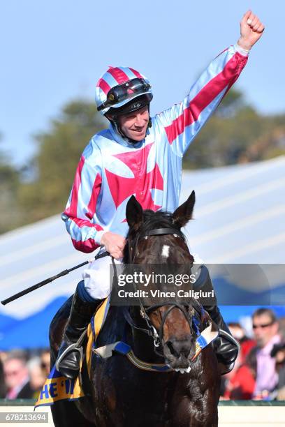 John Allen riding Regina Coeli after winning Grand Annual Steeple Chase during the Warrnambool Racing Carnival on May 4, 2017 in Warrnambool,...