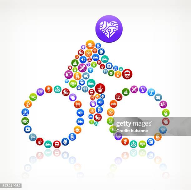 stick figure on bicycle future and futuristic technology vector button pattern - single atom stock illustrations