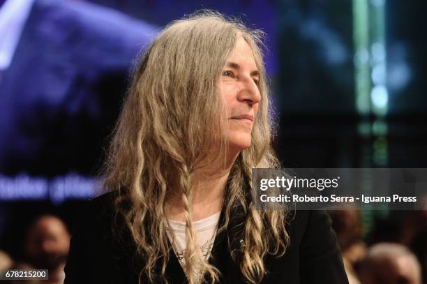 American musician and authoress Patti Smith receives an honorary degree in Literature from the University of Parma during a ceremony at Audtorium...