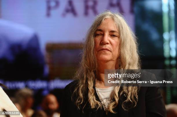 American musician and authoress Patti Smith receives an honorary degree in Literature from the University of Parma during a ceremony at Audtorium...