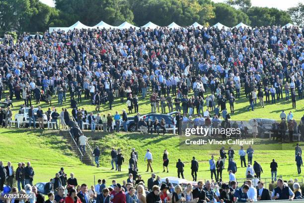 Huge crowd gather on the hill for the start of Race 7, Grand Annual Steeple Chase during the Warrnambool Racing Carnival on May 4, 2017 in...