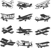 set of vintage airplanes icons. Aircraft illustrations. Design element for  label, emblem, sign. Vector illustration.