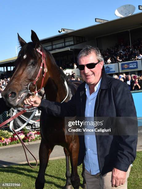 Darren Weir poses with High Church after winning Race 8 Warrnambool Cup during the Warrnambool Racing Carnival on May 4, 2017 in Warrnambool,...