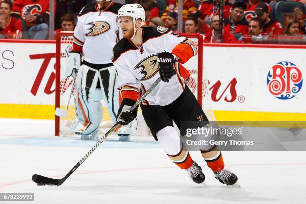 Korbinian Holzer of the Anaheim Ducks skates against the Calgary Flames during Game One of the Western Conference First Round during the 2017 NHL...