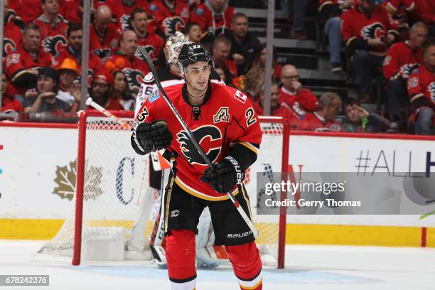 Sean Monahan of the Calgary Flames skates against the Anaheim Ducks during Game Four of the Western Conference First Round during the 2017 NHL...