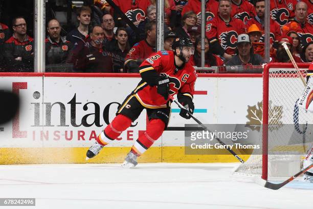 Mark Giordano of the Calgary Flames skates against the Anaheim Ducks during Game Four of the Western Conference First Round during the 2017 NHL...