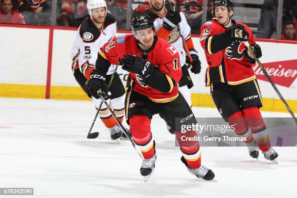 Mikael Backlund of the Calgary Flames skates against the Anaheim Ducks during Game Four of the Western Conference First Round during the 2017 NHL...