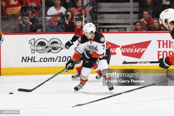 Andrew Cogliano of the Anaheim Ducks skates against the Calgary Flames during Game Four of the Western Conference First Round during the 2017 NHL...