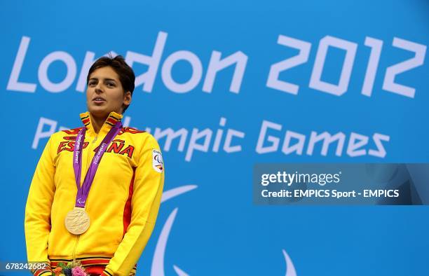 Spain's Michelle Alonso Morales with her Gold Medal for the Women's 100m Breaststroke - SB14 Final, during the Paralympic Games in London.