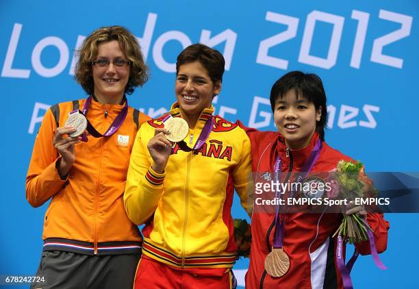 Silver Medalist Netherland's Magda Toeters, Gold Medalist Spain's Michelle Alonso Morales and Bronze Medalist Hong kong's Shu Hang Leung after the...