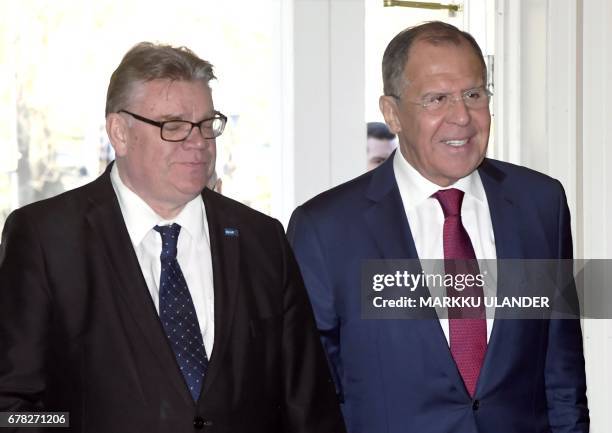 Russian Foreign Minister Sergei Lavrov meets with his Finnish counterpart Timo Soini at Hotel Haikko Manor in Porvoo, Finland, on May 4, 2017. The...