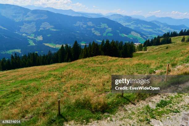 Panoramic View and Meadows in the Tyrolian Mountains on August 05, 2015 in Hopfgarten, Tyrol, Austria.